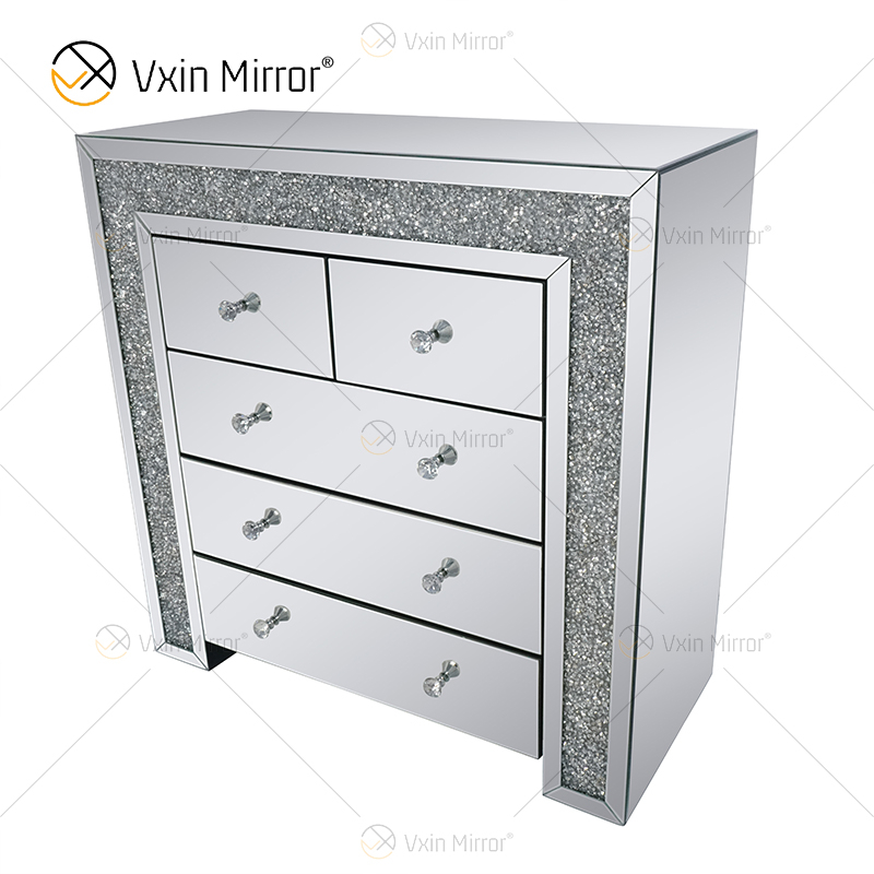Вксин отразил серебряный измельченный алмазный прикроватный тумбочку с 5 ящиками