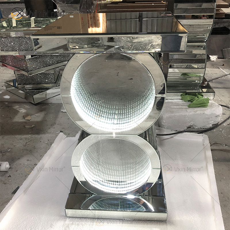 Серебряный стол LED 3d CoffeeTable Illuminated Infinity Mirror Tunnel Sparkle Mirrored O-Shaped Console Table Side Table WXF-290