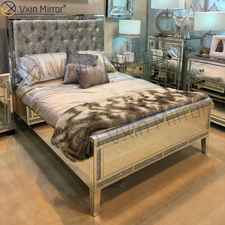 Дешевая зеркальная мебель WXWF-698 для спальни с серебряной и черной зеркальной кроватью в современном стиле