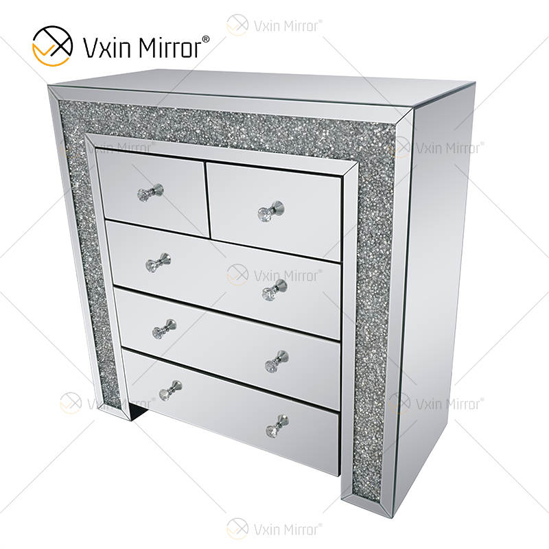 Вксин отразил серебряный измельченный алмазный прикроватный тумбочку с 5 ящиками