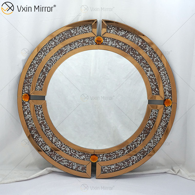Оптовая продажа WXM-1130 круглое настенное зеркало с бриллиантами, коричневое настенное зеркало в роскошном стиле