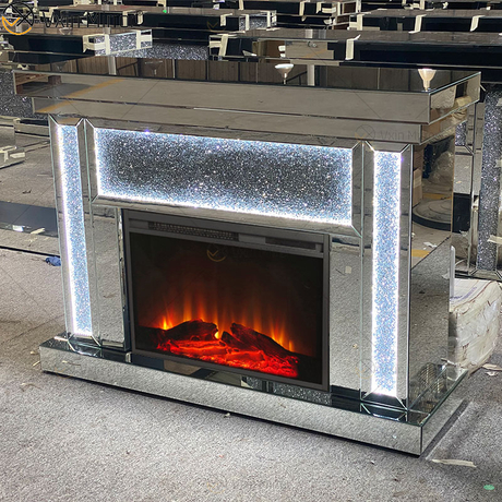 Многоцветный светодиодный серебряный хрустальный стеклянный камин в гостиной с зеркалом и вставкой в ​​помещении