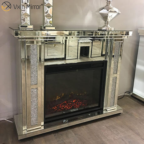 Современный домашний декор, роскошный измельченный алмазный кристалл, зеркальный камин с обогревателем, мебель для гостиной WXWF-1098