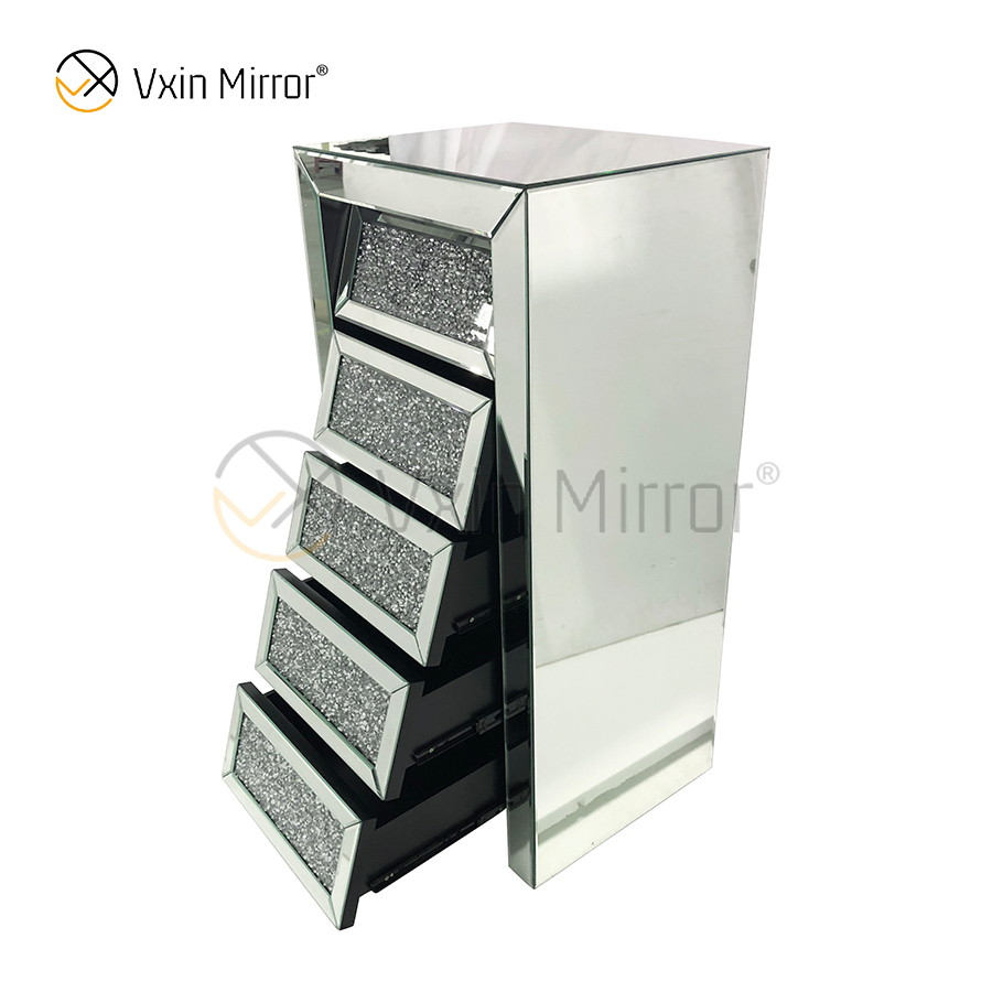 Vxin Mirror Silver Crushed WXWF-707 Diamon Nightstand Bevel Тумбочка с 5 ящиками Зеркальная прикроватная тумбочка