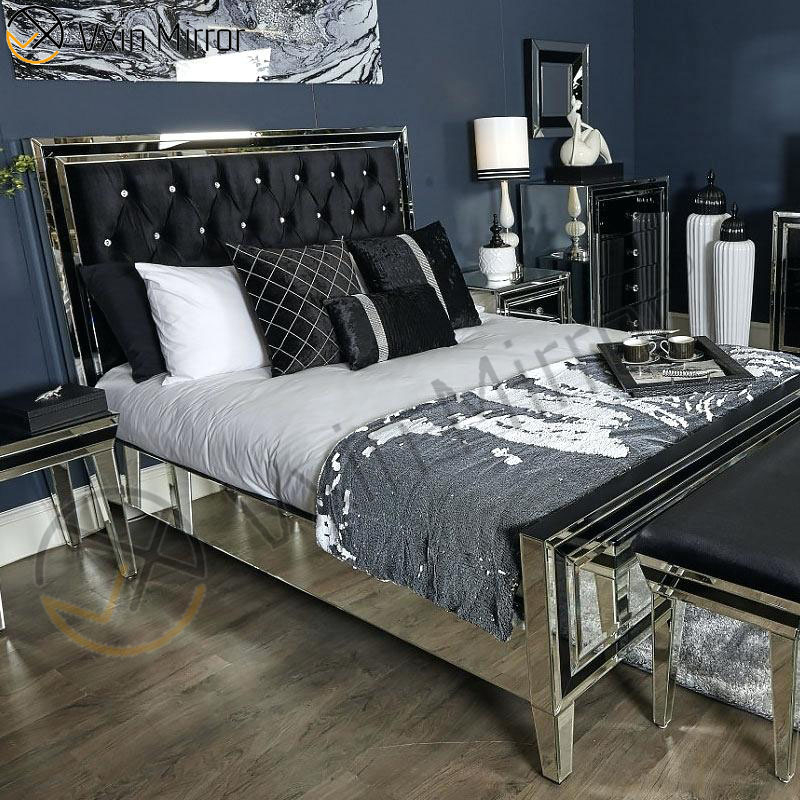 Vxin Mirror Furniture WXWF-1081Black Frame Серебряная стеклянная зеркальная двуспальная кровать Зеркальная кровать