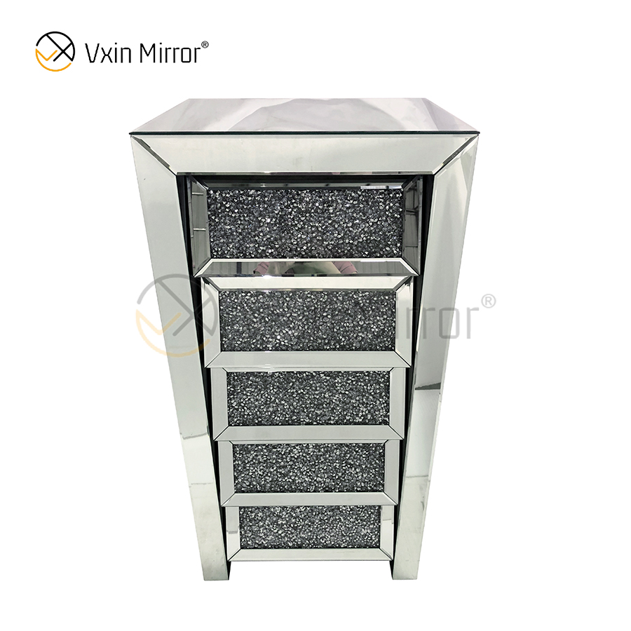 Vxin Mirror Silver Crushed WXWF-707 Diamon Nightstand Bevel Тумбочка с 5 ящиками Зеркальная прикроватная тумбочка