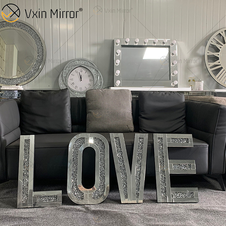 Серебряный дробленый кристалл с бриллиантами, зеркальные буквы, настенные рождественские зеркальные украшения для любви, зеркальное настенное искусство для диванной мебели