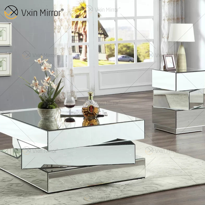 Vxin WXF-2138 3D Сверкающий измельченный алмаз Геометрия Зеркальный журнальный столик Серебро, покрытое бриллиантами
