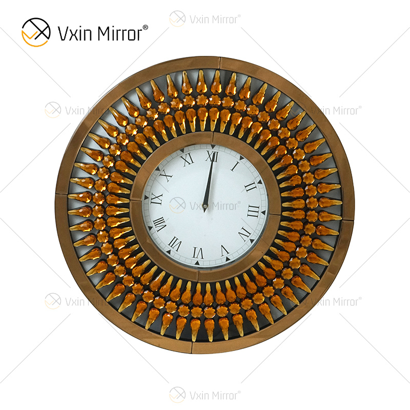 Горячие продажи Silver WXC-071 Crystal Golden Brown Современные зеркальные настенные часы