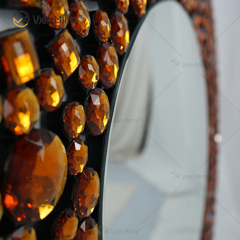 Золотая роскошная отделка стен Серебряное хрустальное стекло Стена Круглое подвесное зеркало