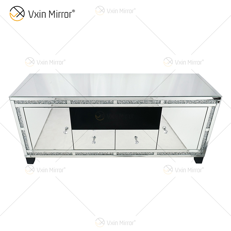 Vxin Mirror Furniture Щебень Алмазный серебряный шкаф для телевизора Зеркальные подставки под телевизор с 2 ящиками